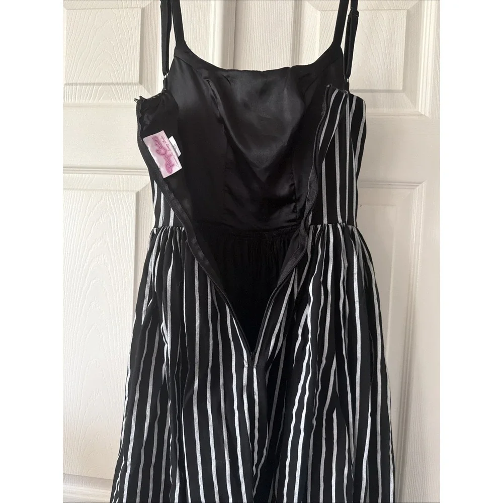 Pinup Couture Dress XS Black White Stripe Fit Flare Midi Pockets Lined Boning